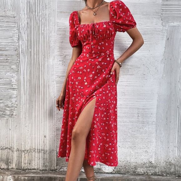 Dresses & Skirts - New Allover Floral Square Neck Ruched Bust Puff Sleeve Split Thigh Dress red